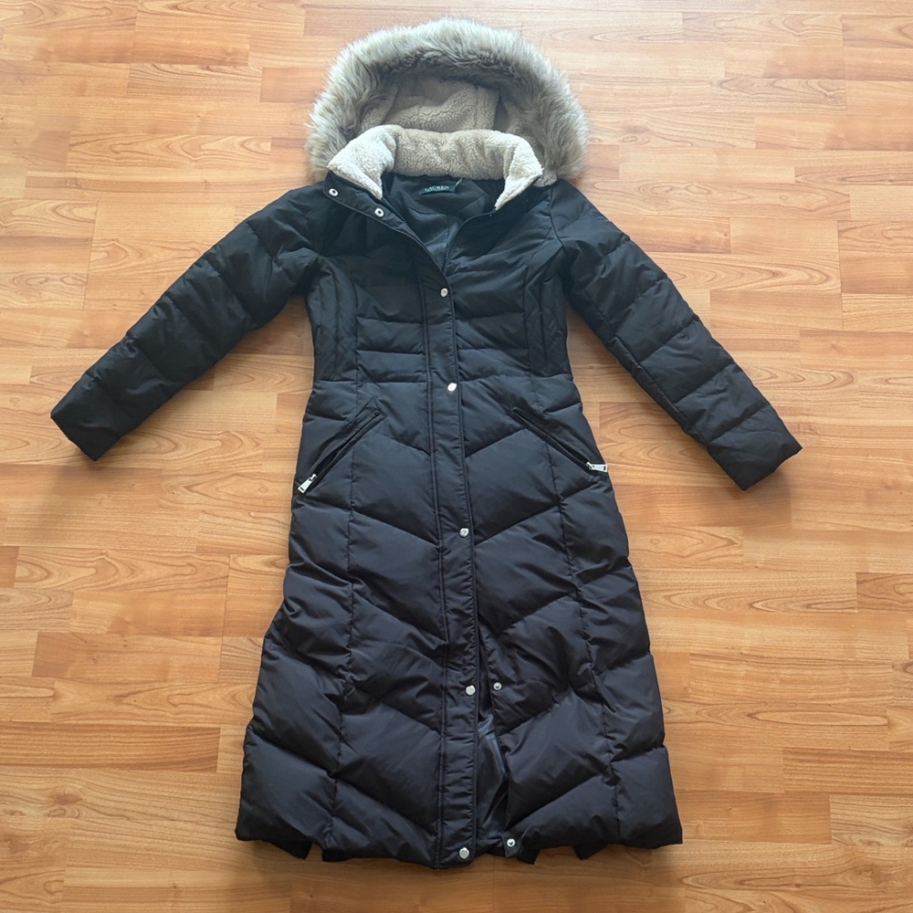 LRL Black Maxi Puffer Coat with Faux Fur Hood
